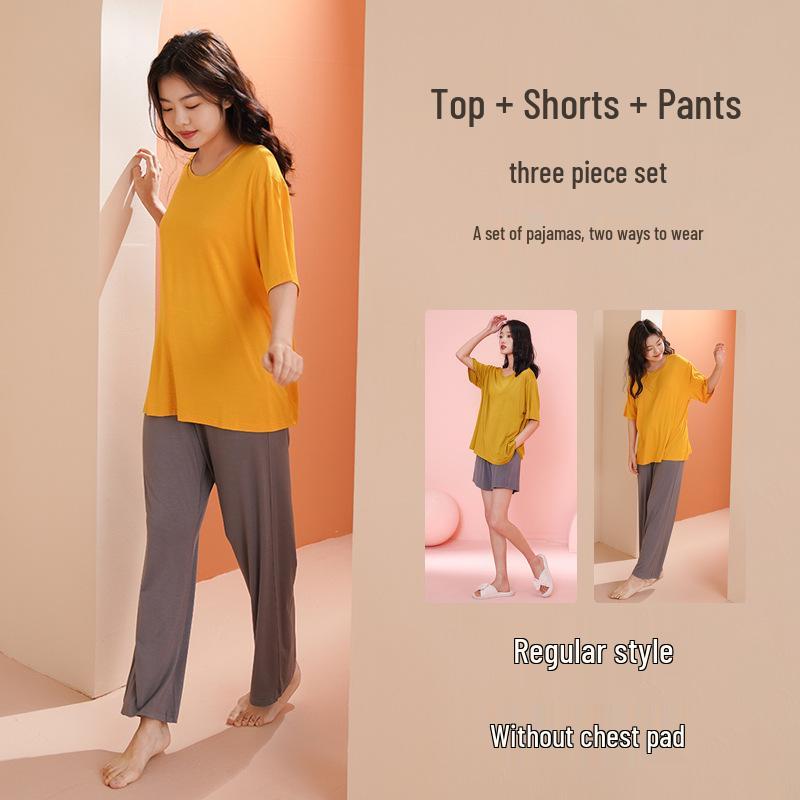 Женский летний модальный пижамный комплект - Короткий рукав, Длинные брюки, Тонкий, Большого размера, С нагрудными вкладышами, Можно носить на улице, 3-предметная домашняя одежда. L (110-140 jin)
Женский летний модальный пижамный комплект - Короткий рукав, Длинные брюки, Тонкий, Большого размера, С нагрудными вкладышами, Можно носить на улице, 3-предметная домашняя одежда. L (110-140 jin)