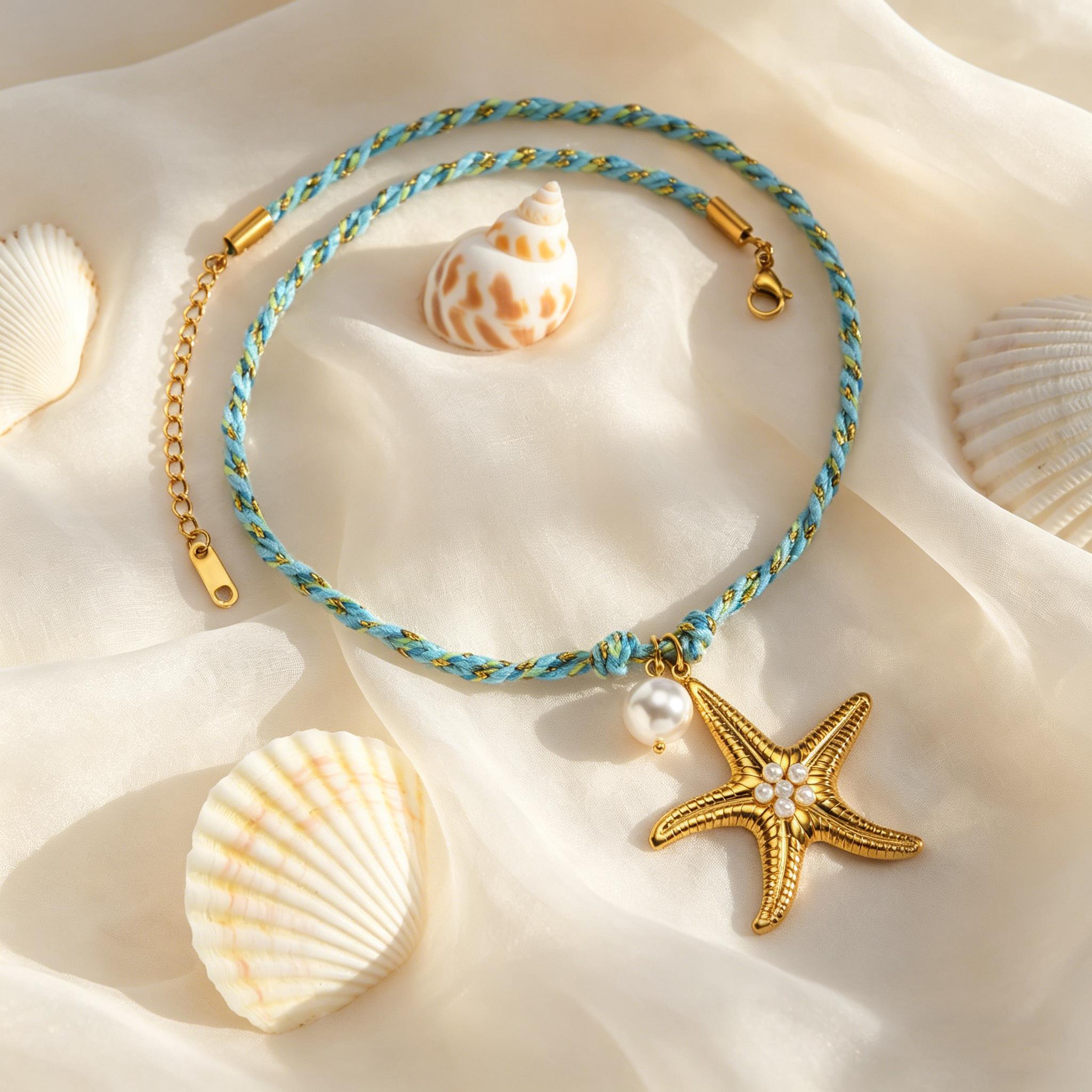 Fashion Stainless Steel Starfish Pendant Blue Woven Rope Chain Necklace for Women, 18K Gold Plated Waterproof Charm Jewelry Gift 60CM
Fashion Stainless Steel Starfish Pendant Blue Woven Rope Chain Necklace for Women, 18K Gold Plated Waterproof Charm Jewelry Gift 60CM