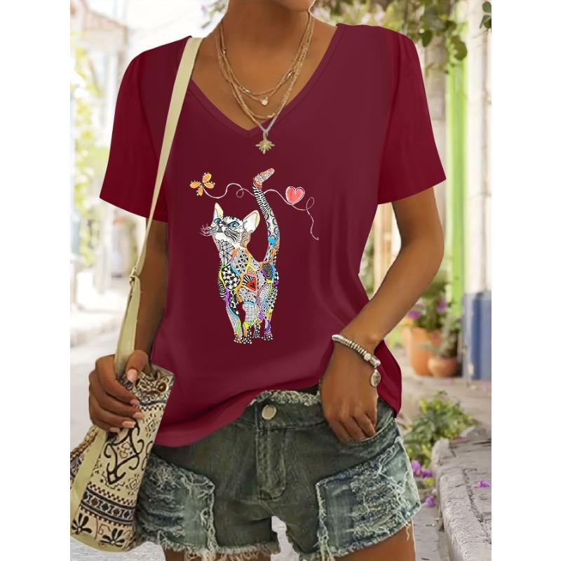 Women s Casual Short-sleeved V-neck T-shirt - Cute Cat and Butterfly Geometric Print, Colorful Design S
Women s Casual Short-sleeved V-neck T-shirt - Cute Cat and Butterfly Geometric Print, Colorful Design S