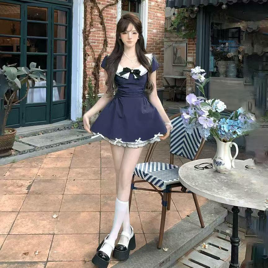 «Маленькое платье с бантом в стиле преппи, пышное, синее – лето 2025, А-силуэт, с акцентом на талии, короткая юбка» S синий