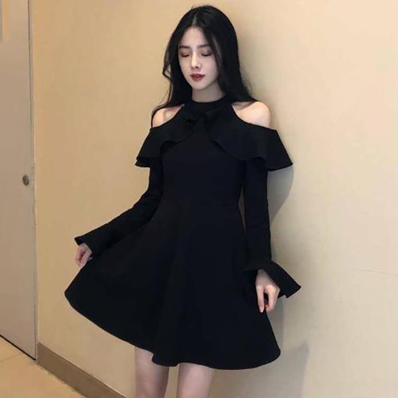 WTEMPO женское черное платье с длинными рукавами, женское однотонное универсальное весеннее мини-платье трапециевидной формы с открытыми плечами L чёрный