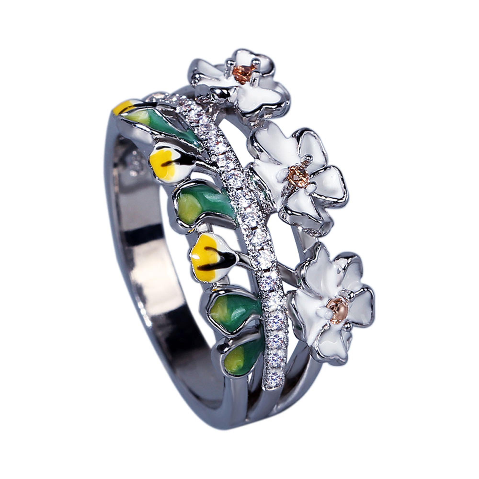 Классическое модное кольцо Изысканное женское ювелирное кольцо Эмалированный венок Винтажное кольцо с цветком Женское свадебное обручальное кольцо 9 белый