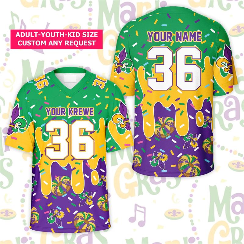 Fashion Mardi Gras Drip Football Jersey Custom Name Number Sprinkles Ice Cream Fleur De Lis T Shirts Loose Breathable Tees Tops S
Fashion Mardi Gras Drip Football Jersey Custom Name Number Sprinkles Ice Cream Fleur De Lis T Shirts Loose Breathable Tees Tops S