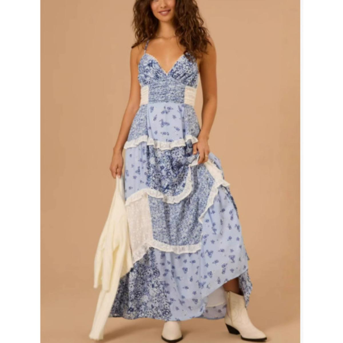 European American Women s Sleeveless Strap Long Dress Digital Print Patchwork Maxi Dress XXXL синій
European American Women s Sleeveless Strap Long Dress Digital Print Patchwork Maxi Dress XXXL синій