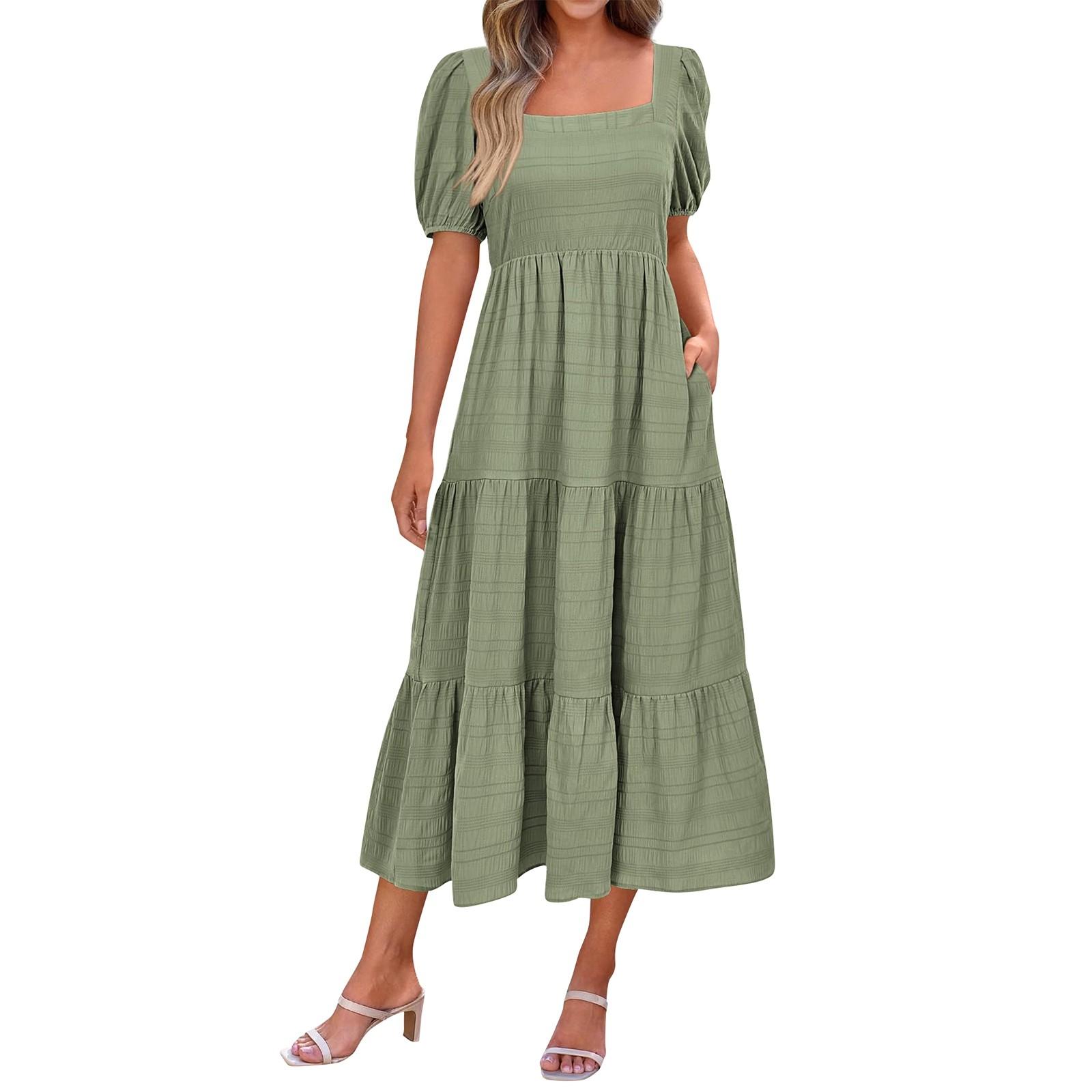 Женское модное однотонное плиссированное платье с короткими рукавами и карманами с квадратным вырезом и рукавами-пузырьками сзади S армия зеленый