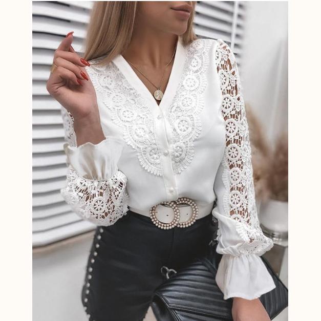 Shirts Luxury Office Ladies White Collared Lace Patchwork Hollow Out Button Up Ladiess Tops And Blouses Popular Blouse XL
Shirts Luxury Office Ladies White Collared Lace Patchwork Hollow Out Button Up Ladiess Tops And Blouses Popular Blouse XL