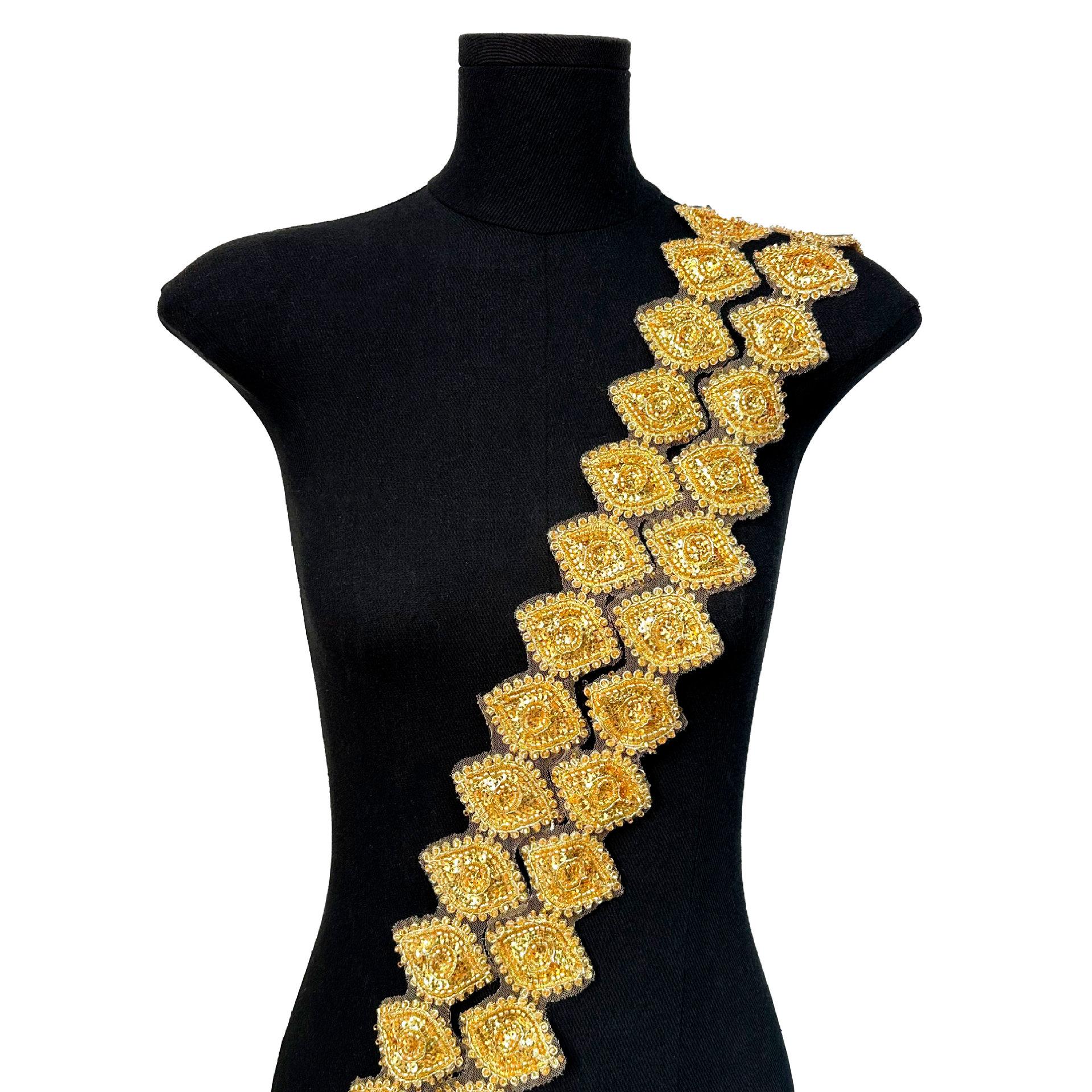 Золотые Тяжелые Индустриальные Бусины Легкая Роскошь Вышивка Штрих-код Одежда Вечернее Платье Одежда для Выступлений Декоративное Кружево Аксессуары TF11 one code