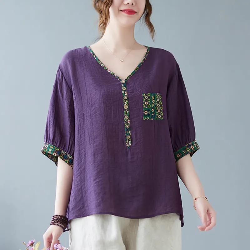 Summer Cotton and Linen New Short-sleeved Plus Size Women s Tops Literary Retro Ethnic Style Thin Shirts 2XL фіолетовий
Summer Cotton and Linen New Short-sleeved Plus Size Women s Tops Literary Retro Ethnic Style Thin Shirts 2XL фіолетовий