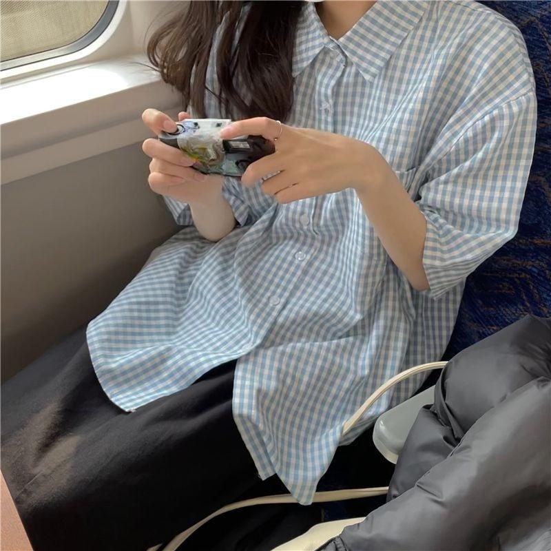 Women s Checkered Short Sleeved Shirts Summer Japanese Casual Pocket Bloues Korean Simple Simple Ladies Shirt S синій
Women s Checkered Short Sleeved Shirts Summer Japanese Casual Pocket Bloues Korean Simple Simple Ladies Shirt S синій