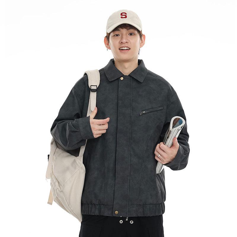 Весна и осень мужская новая американская ретро повседневная кожаная куртка с лацканами пальто 4XL серый