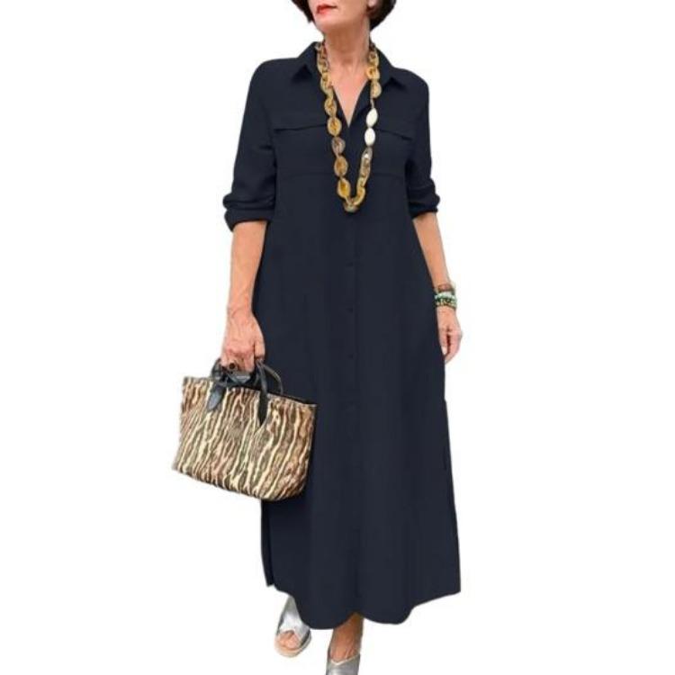 Loose A Line Maxi Dress for Women Solid Color Turn Down Collar Long Sleeve Single Breasted Pocket Soft Breathable Ankle Length 3XL темно-синього кольору
Loose A Line Maxi Dress for Women Solid Color Turn Down Collar Long Sleeve Single Breasted Pocket Soft Breathable Ankle Length 3XL темно-синього кольору