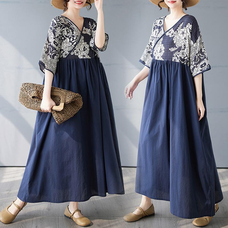 Cotton Season New Cotton and Linen V-neck Splicing Retro Style Dress Middle-aged and Elderly Mother Dress Large Size Dress One size
Cotton Season New Cotton and Linen V-neck Splicing Retro Style Dress Middle-aged and Elderly Mother Dress Large Size Dress One size