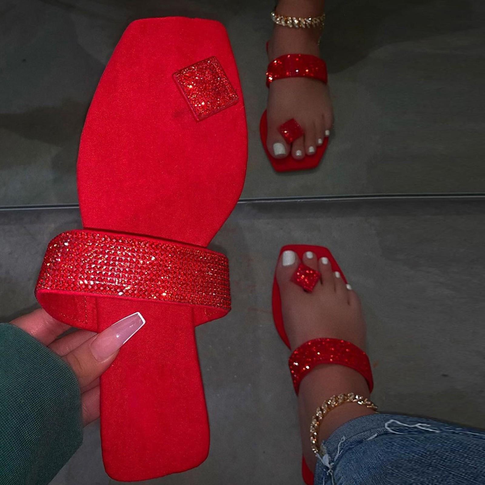 Женские летние шлепанцы Sagit на плоской подошве с кристаллами, уличная пляжная обувь 42 красный