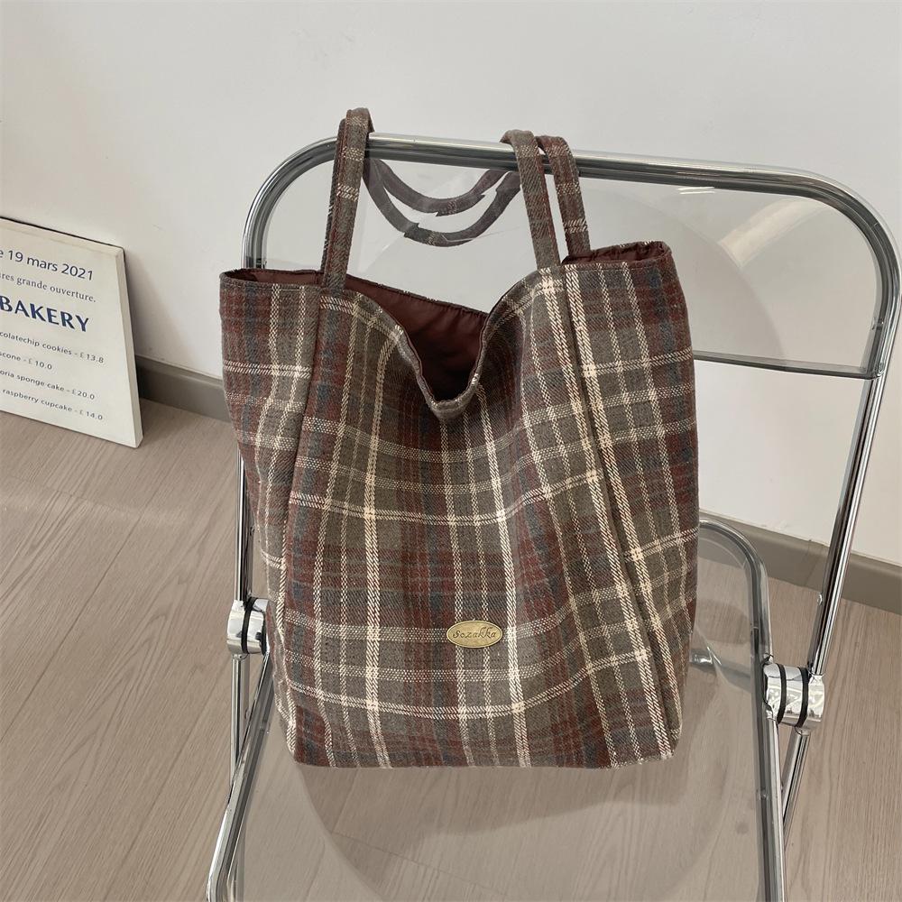 Шерстяная клетчатая ретро-сумка, вместительная универсальная сумка через плечо, двухсторонний рюкзак для студента колледжа кирпич красный