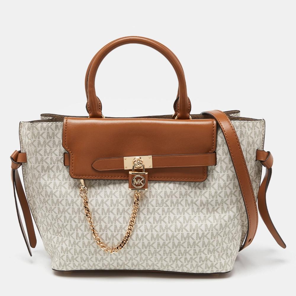 Michael Kors Ванильно-коричневый Signature с покрытием из парусины и кожи Сумка Hamilton Legacy с поясом, белая
Michael Kors Ванильно-коричневый Signature с покрытием из парусины и кожи Сумка Hamilton Legacy с поясом, белая