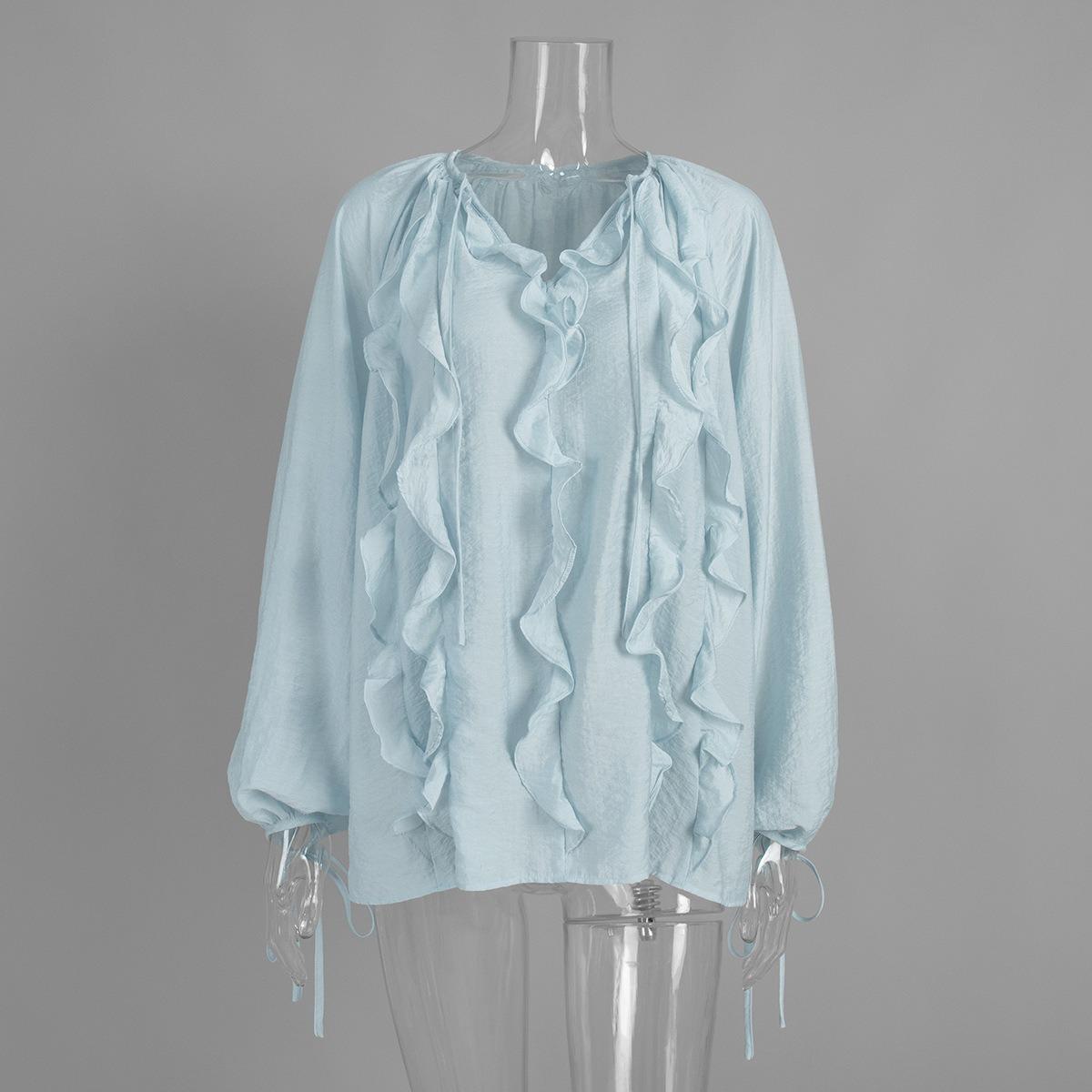Spring Summer New French Style V-neck Shirt Ruffled Tie Lantern Sleeve Sheer Blouse S синий
Spring Summer New French Style V-neck Shirt Ruffled Tie Lantern Sleeve Sheer Blouse S синий