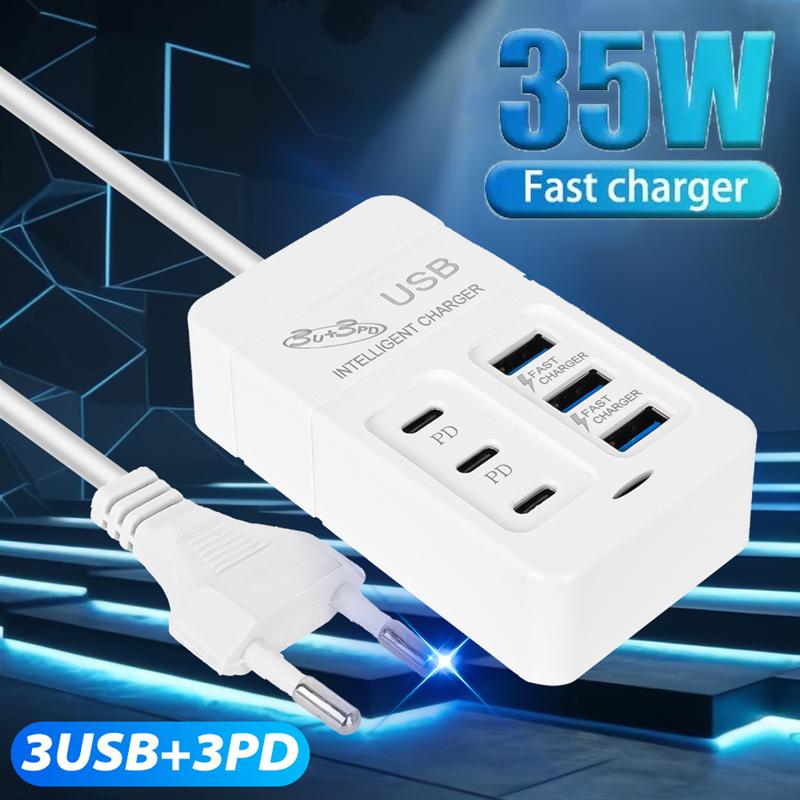 Зарядний пристрій 6-в-1 USB 35 Вт PD типу C для швидкої зарядки, настінний адаптер для телефону, швидка зарядка 3.0, USB-хаб, штекер ЄС/США, 3 USB+3 PD EU Plug
Зарядний пристрій 6-в-1 USB 35 Вт PD типу C для швидкої зарядки, настінний адаптер для телефону, швидка зарядка 3.0, USB-хаб, штекер ЄС/США, 3 USB+3 PD EU Plug
