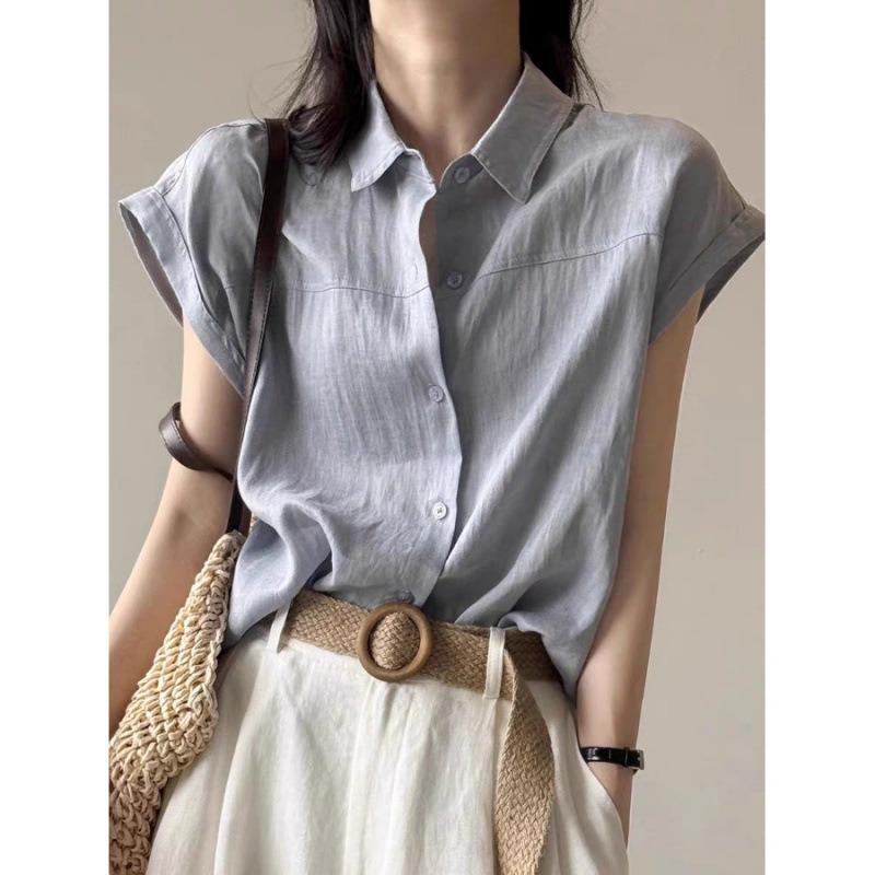 women solid color linen blend shirt cap sleeve point collar loose fit casual button up blouse S синій
women solid color linen blend shirt cap sleeve point collar loose fit casual button up blouse S синій