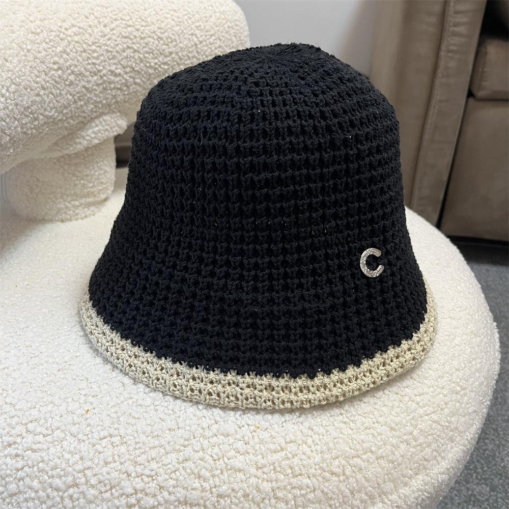 Женская шляпа-панама, сочетающая цвета, плетеная шляпа рыбака, дышащая, солнцезащитная, модная, универсальная, закрывающая лицо, для маленького лица, складная шляпа-ведро Adult (55-58cm) чёрный