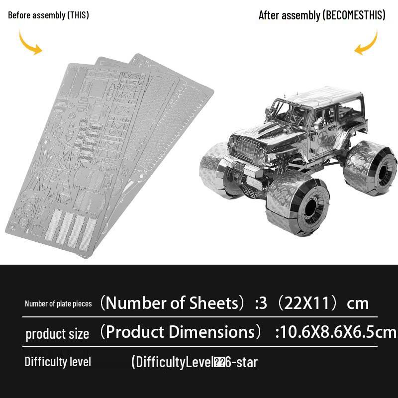 Металлический 3D-пазл из нержавеющей стали - Модель автомобиля Big Foot Wrangler
Металлический 3D-пазл из нержавеющей стали - Модель автомобиля Big Foot Wrangler