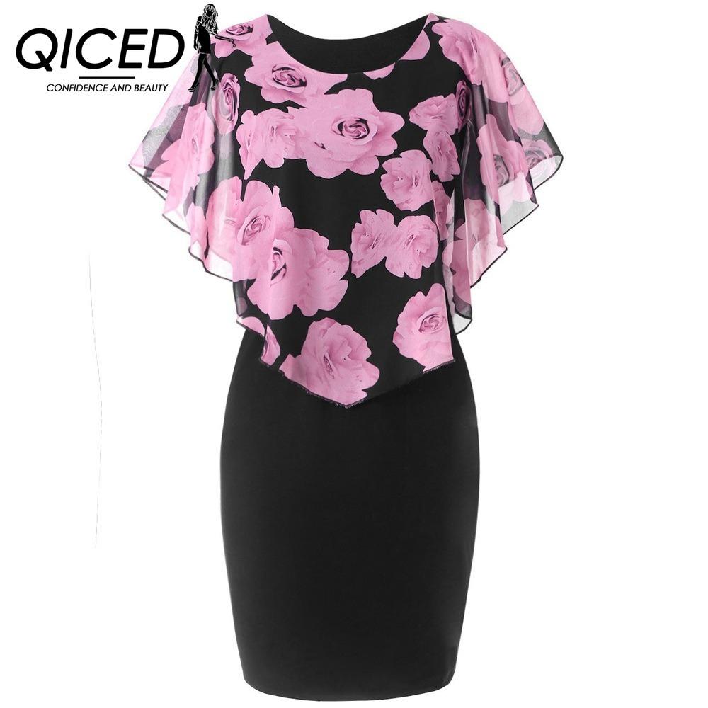 QICED Черное сексуальное платье с прозрачной шалью и нежным цветочным принтом XXL розовый