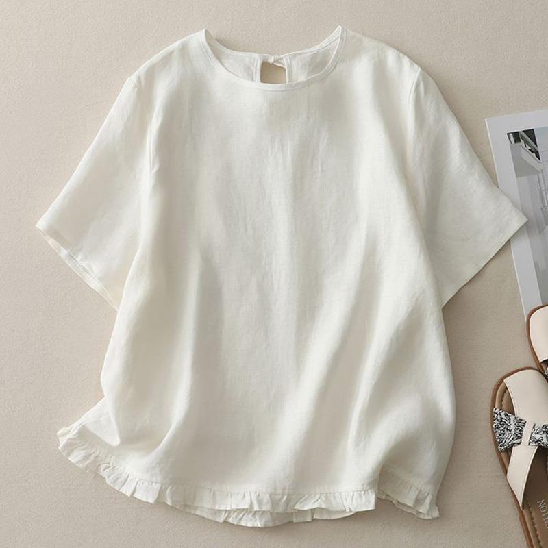 women linen blend ruffle hem blouse round neck short sleeve casual solid color loose fit top M білий
women linen blend ruffle hem blouse round neck short sleeve casual solid color loose fit top M білий