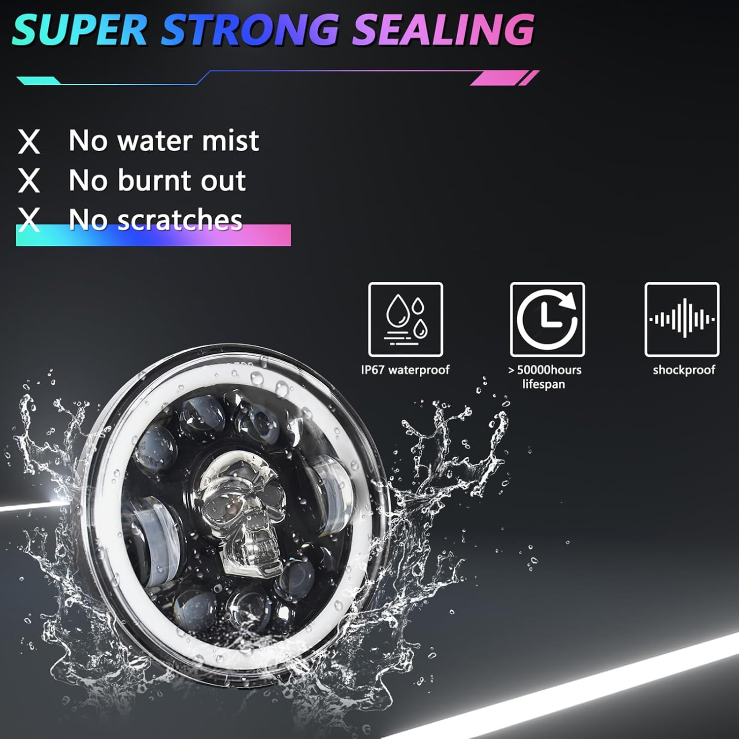 Shkalacar 5.75 Inch Motorcycle LED Headlight, Skull Pattern Colorful Angel Eye Round Headlamp with High/Low Beam Turn Signal DRL and Light LED
Shkalacar 5.75 Inch Motorcycle LED Headlight, Skull Pattern Colorful Angel Eye Round Headlamp with High/Low Beam Turn Signal DRL and Light LED