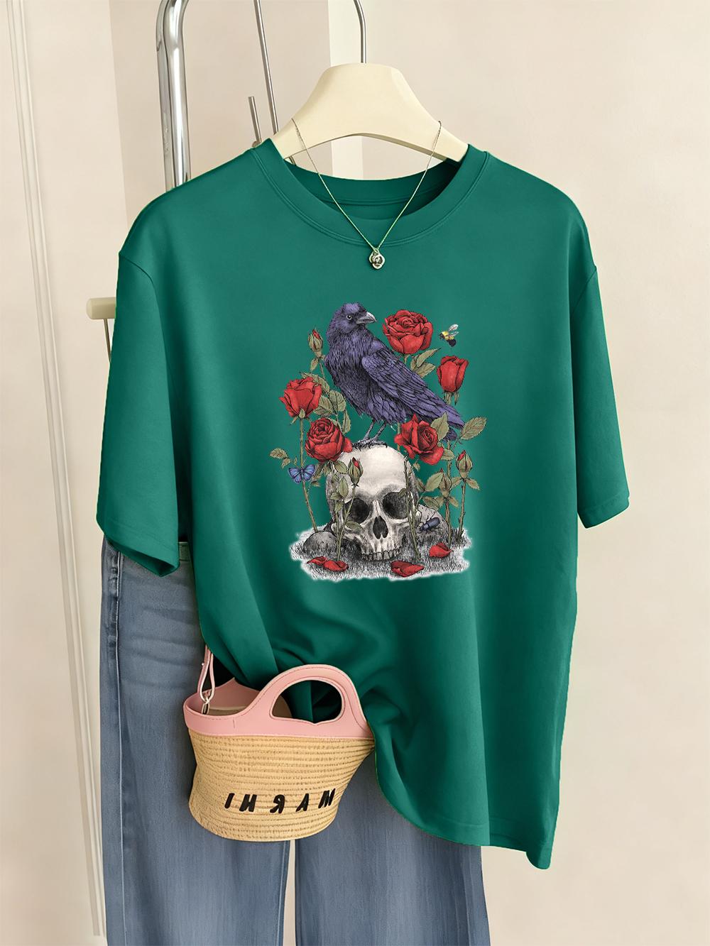 Roses With Skulls Prints T-Shirt Womens Summer Soft T Shirts Loose O-Neck Short Sleeve Tops Casual Comfortable Woman Streetwear 4XL
Roses With Skulls Prints T-Shirt Womens Summer Soft T Shirts Loose O-Neck Short Sleeve Tops Casual Comfortable Woman Streetwear 4XL