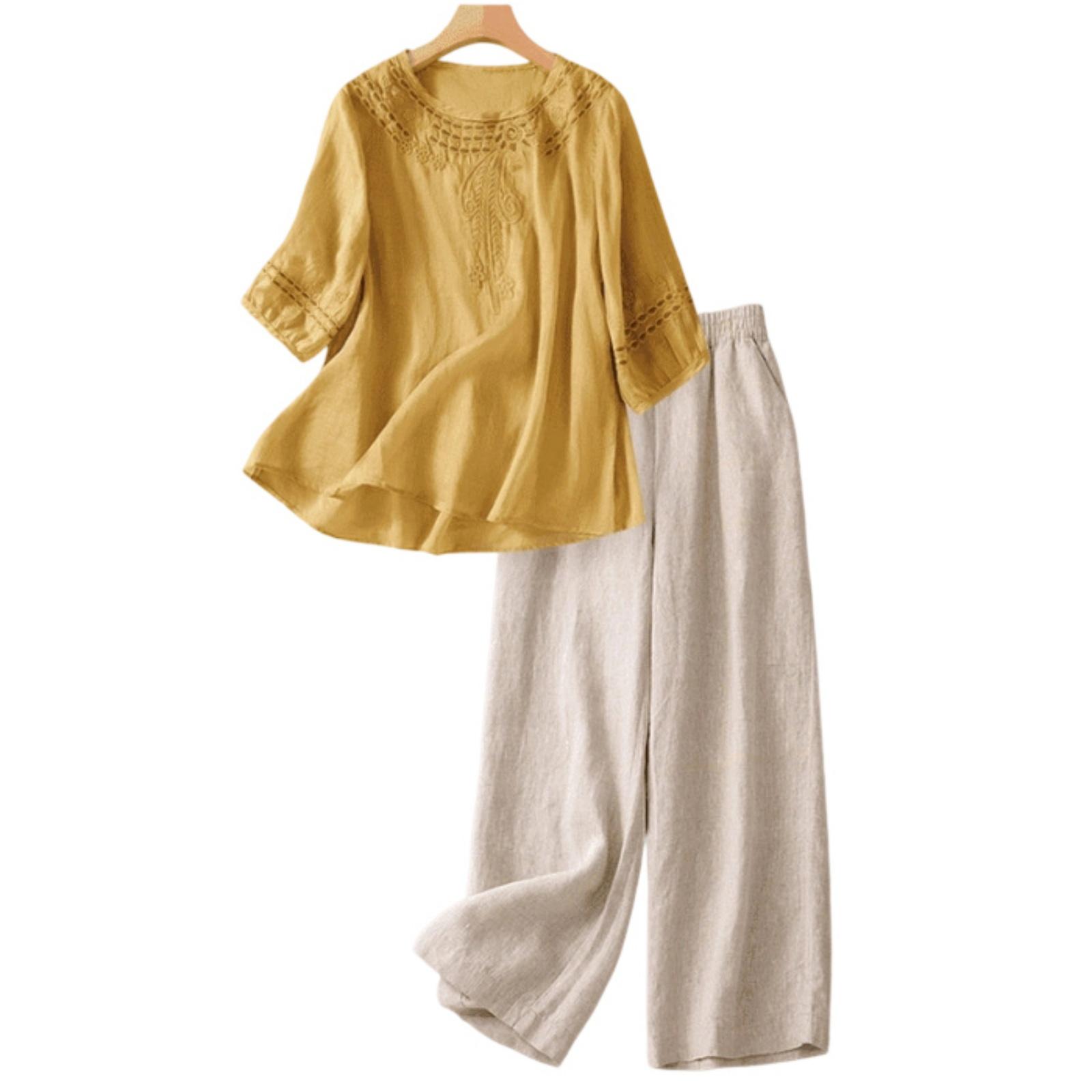 Two Piece Cotton Linen Set Loose Fit Top with Embroidered Detail and Relaxed Wide Leg Pants for Everyday Wear XL-4
Two Piece Cotton Linen Set Loose Fit Top with Embroidered Detail and Relaxed Wide Leg Pants for Everyday Wear XL-4