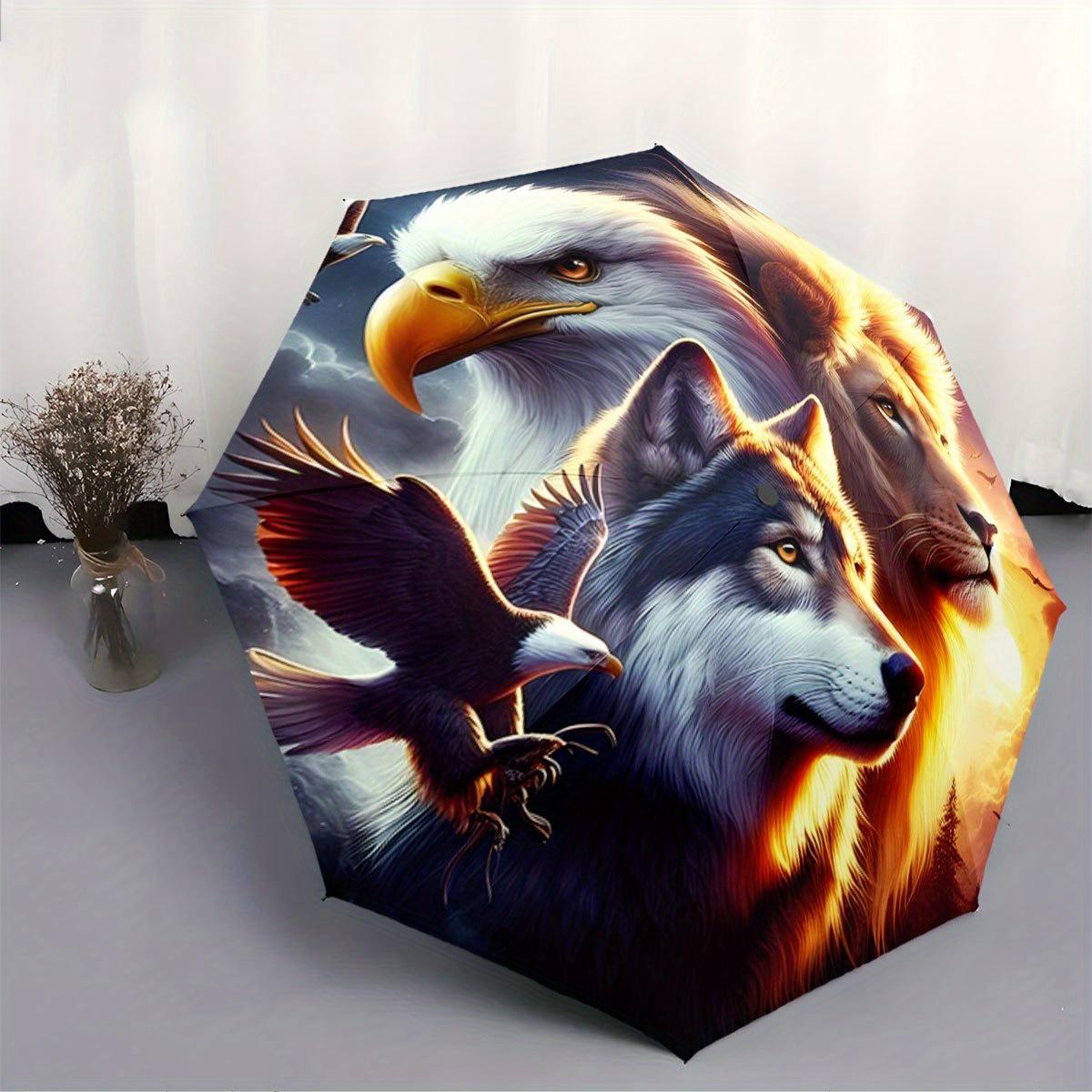Automatic Folding Umbrella The umbrella features a pattern of an eagle, a wolf, and a lion. Portable collapsible design, casua (as the picture,Iron&8K)
Automatic Folding Umbrella The umbrella features a pattern of an eagle, a wolf, and a lion. Portable collapsible design, casua (as the picture,Iron&8K)