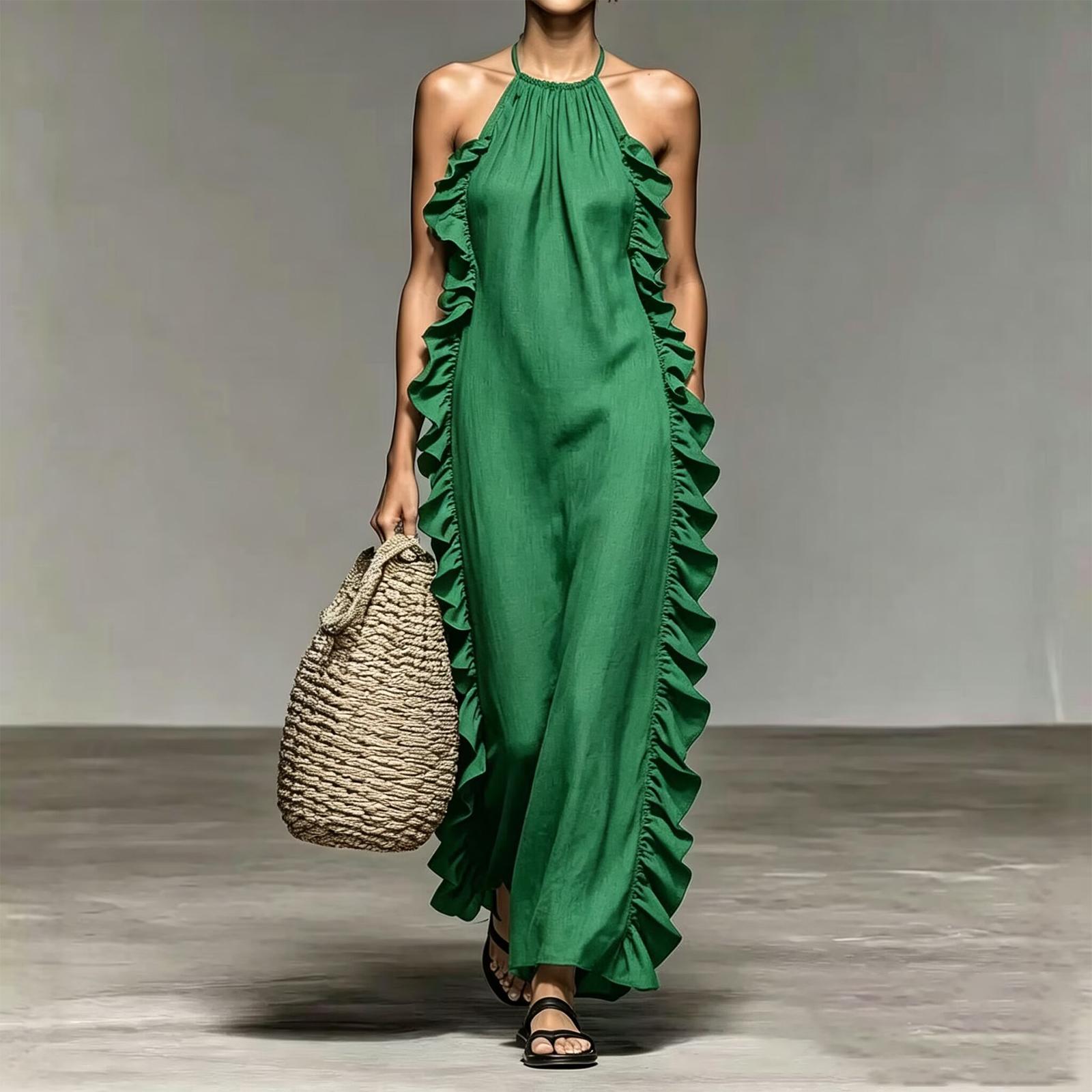 Women Sleeveless Halter Neck Maxi Dress with Ruffle Trim Tie Back Design Vacation Beachwear Summer Dress M зелений
Women Sleeveless Halter Neck Maxi Dress with Ruffle Trim Tie Back Design Vacation Beachwear Summer Dress M зелений
