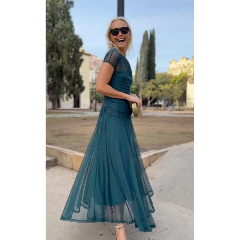 and American Cross-Border Women s Fashion Spring and Summer New Style Mesh Round Neck Short-Sleeve See-Through Flared Hip-Hugging Ruched Dress Malachite green M
and American Cross-Border Women s Fashion Spring and Summer New Style Mesh Round Neck Short-Sleeve See-Through Flared Hip-Hugging Ruched Dress Malachite green M