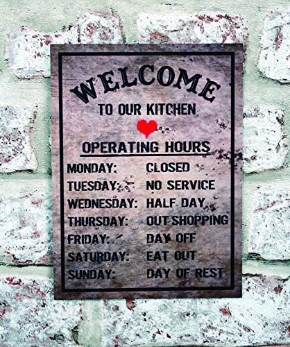 Funny Kitchen Opening Hours Gift Metal Sign Notice Reluctant Cook Kitchen Plaque 20x30cm(7.8x11.8inch)
Funny Kitchen Opening Hours Gift Metal Sign Notice Reluctant Cook Kitchen Plaque 20x30cm(7.8x11.8inch)