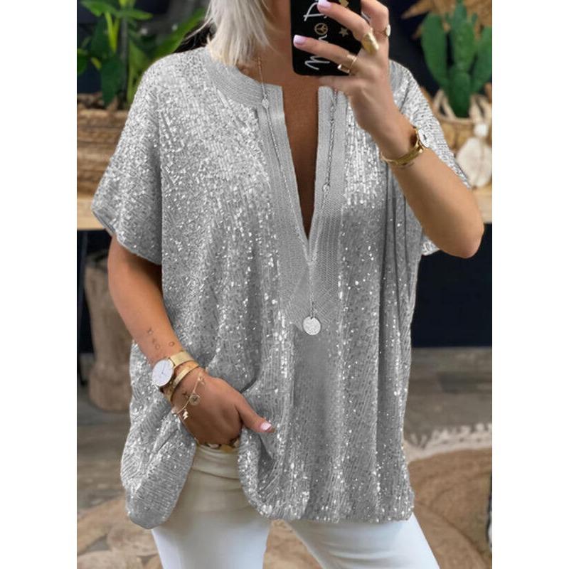women s Shiny Sequin Loose Short Sleeve V Neck Blouse Casual Party Tunic Top 3XL срібний
women s Shiny Sequin Loose Short Sleeve V Neck Blouse Casual Party Tunic Top 3XL срібний