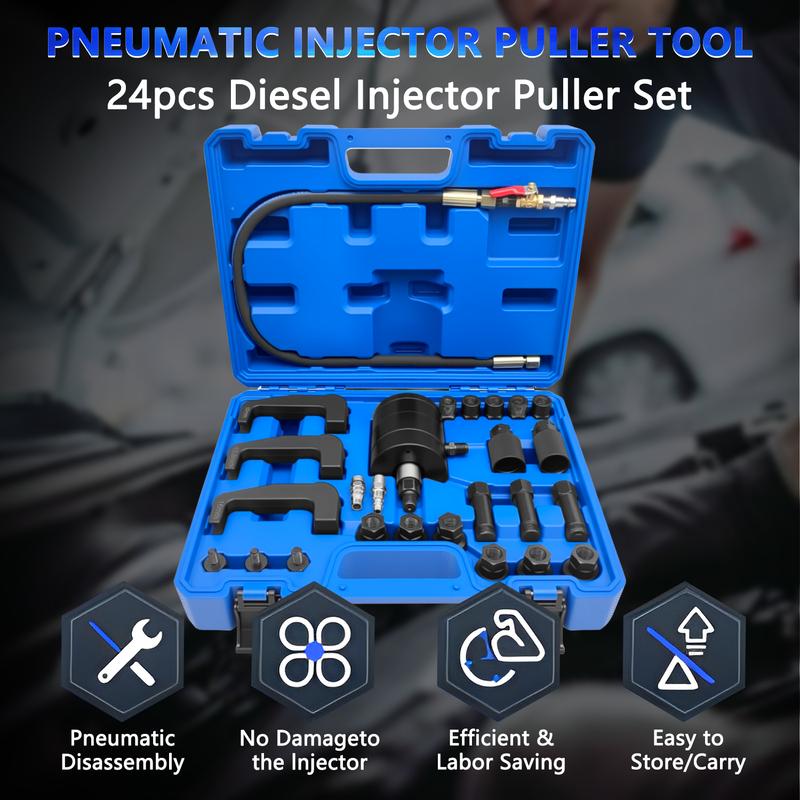 24 Piece Pneumatic Diesel Injector Puller Kit, Pneumatic Injector Extractor Puller Kit with 19 Adapters
24 Piece Pneumatic Diesel Injector Puller Kit, Pneumatic Injector Extractor Puller Kit with 19 Adapters