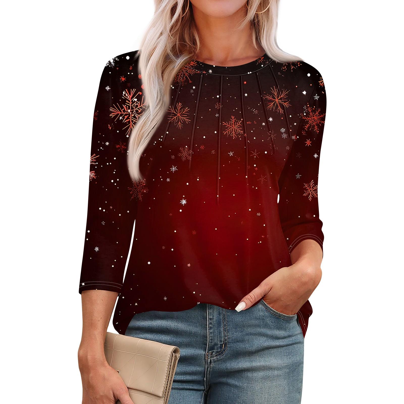 Женская модная футболка с круглым вырезом и рукавом 3/4 с рождественскими принтами, повседневная базовая плиссированная футболка-пуловер S винный
Женская модная футболка с круглым вырезом и рукавом 3/4 с рождественскими принтами, повседневная базовая плиссированная футболка-пуловер S винный