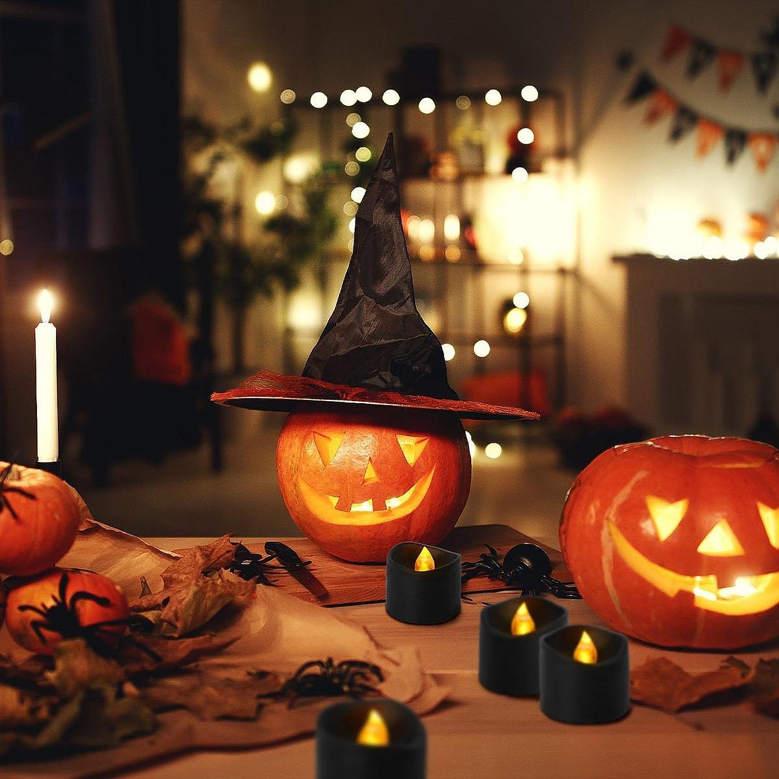 12x черных беспламенных чайных свечей, поддельные электрические светодиодные чайные свечи для тематической вечеринки на Хэллоуин, праздничного декора, украшения дома