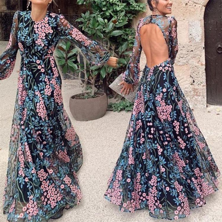 Elegant Backless Floral Print Long Sleeves Maxi Dress Women O Neck Bridal Wedding Party Gowns Bride Bridesmaids Host Long Dress S
Elegant Backless Floral Print Long Sleeves Maxi Dress Women O Neck Bridal Wedding Party Gowns Bride Bridesmaids Host Long Dress S