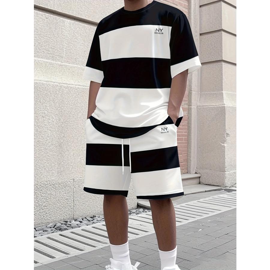 Fashionable men s summer striped print micro elastic breathable round neck T-shirt shorts set outdoor casual two-piece set 6XL
Fashionable men s summer striped print micro elastic breathable round neck T-shirt shorts set outdoor casual two-piece set 6XL