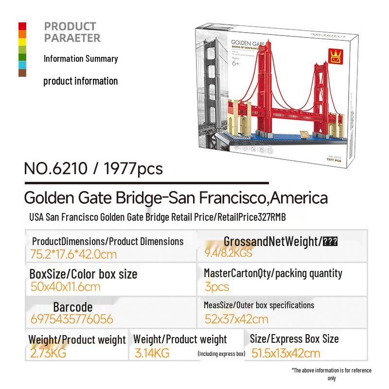 Wange 6210 Golden Gate Bridge San Francisco Street View Building Blocks Educational Toy Model for Children
Wange 6210 Golden Gate Bridge San Francisco Street View Building Blocks Educational Toy Model for Children