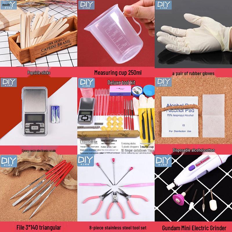 DIY Epoxy Tool Kit with Gloves, Measuring Cups, Scale, Tweezers, Dropper, Sandpaper, Polish, and Punch.
DIY Epoxy Tool Kit with Gloves, Measuring Cups, Scale, Tweezers, Dropper, Sandpaper, Polish, and Punch.