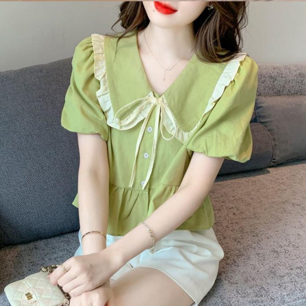 Кукольный воротник Футболка с коротким рукавом Женский топ Короткая оборка Приталенный дизайн Шифон XXXL зелёный
Кукольный воротник Футболка с коротким рукавом Женский топ Короткая оборка Приталенный дизайн Шифон XXXL зелёный