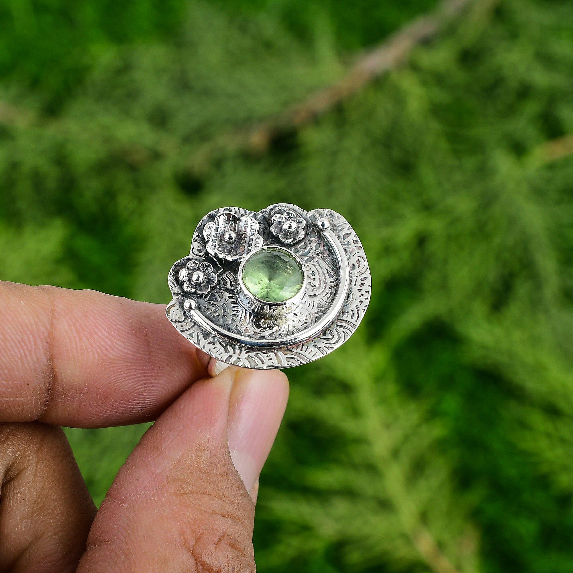 Серебро 925 пробы Зеленый Аметист Драгоценный камень Безель Цветок Дочь Бохо Кольцо Ювелирные изделия Adjustable