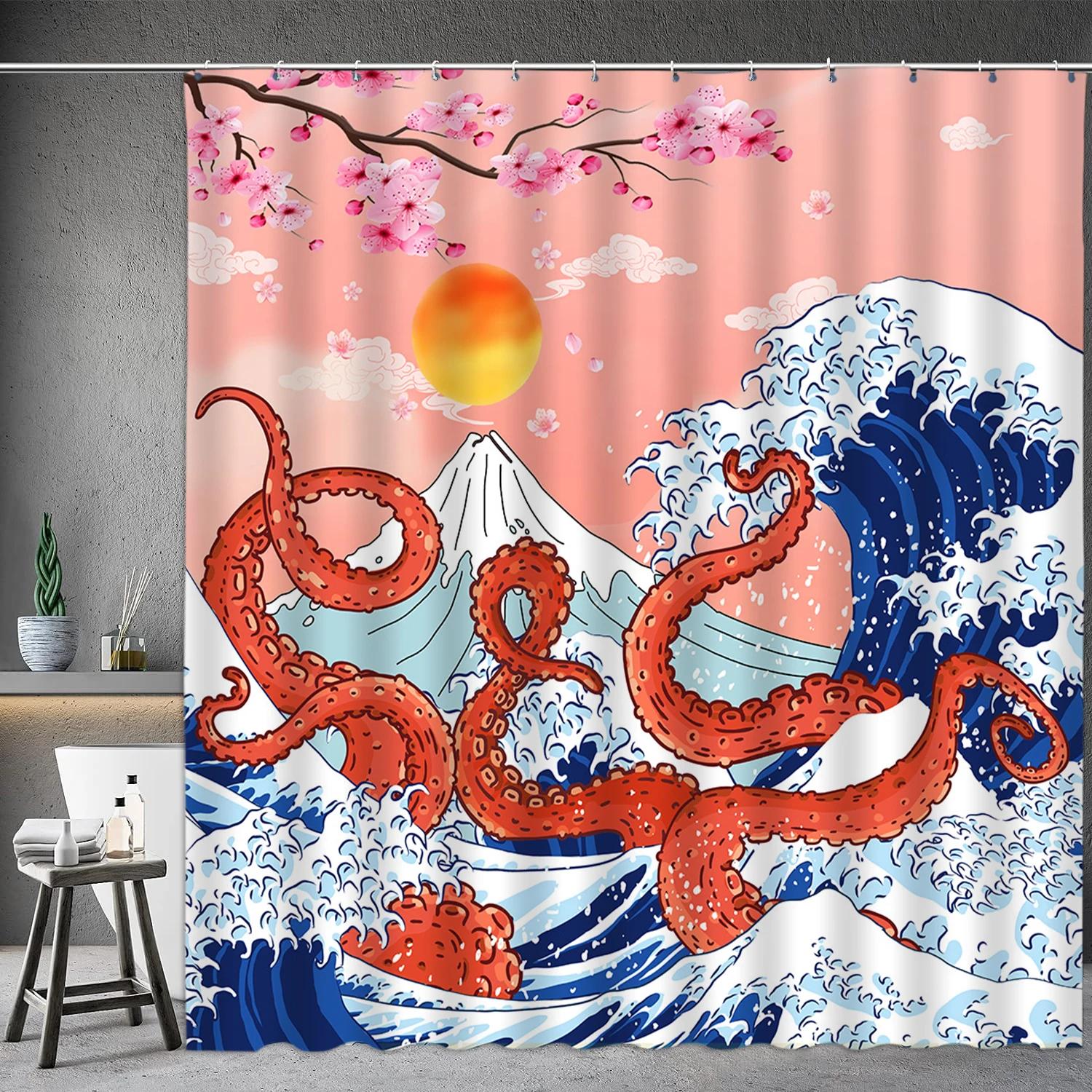 Shower Curtain Japanese Traditional Black And White Mt. Fuji Cherry Blossom Fish Waves Red Sun Octopus Bathroom Decoration W60H190(CM)-1 Pcs
Shower Curtain Japanese Traditional Black And White Mt. Fuji Cherry Blossom Fish Waves Red Sun Octopus Bathroom Decoration W60H190(CM)-1 Pcs
