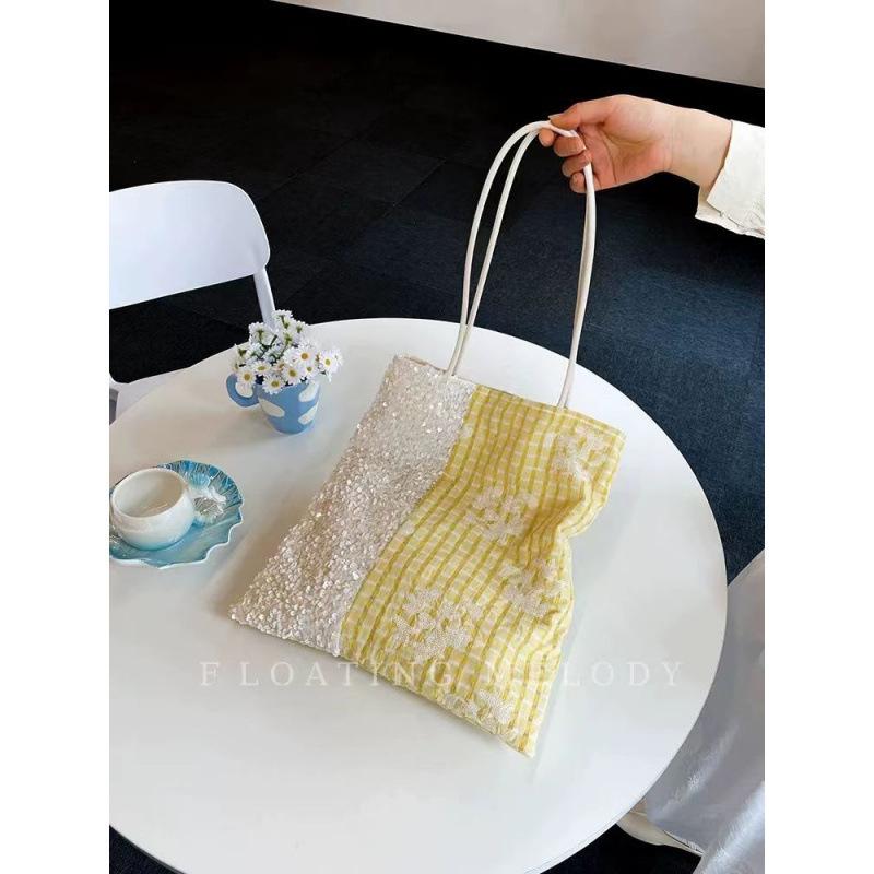 Весенне-летняя женская желто-синяя клетчатая расшитая пайетками вышитая на плечо сумочка в тон холщовая сумка жёлтый