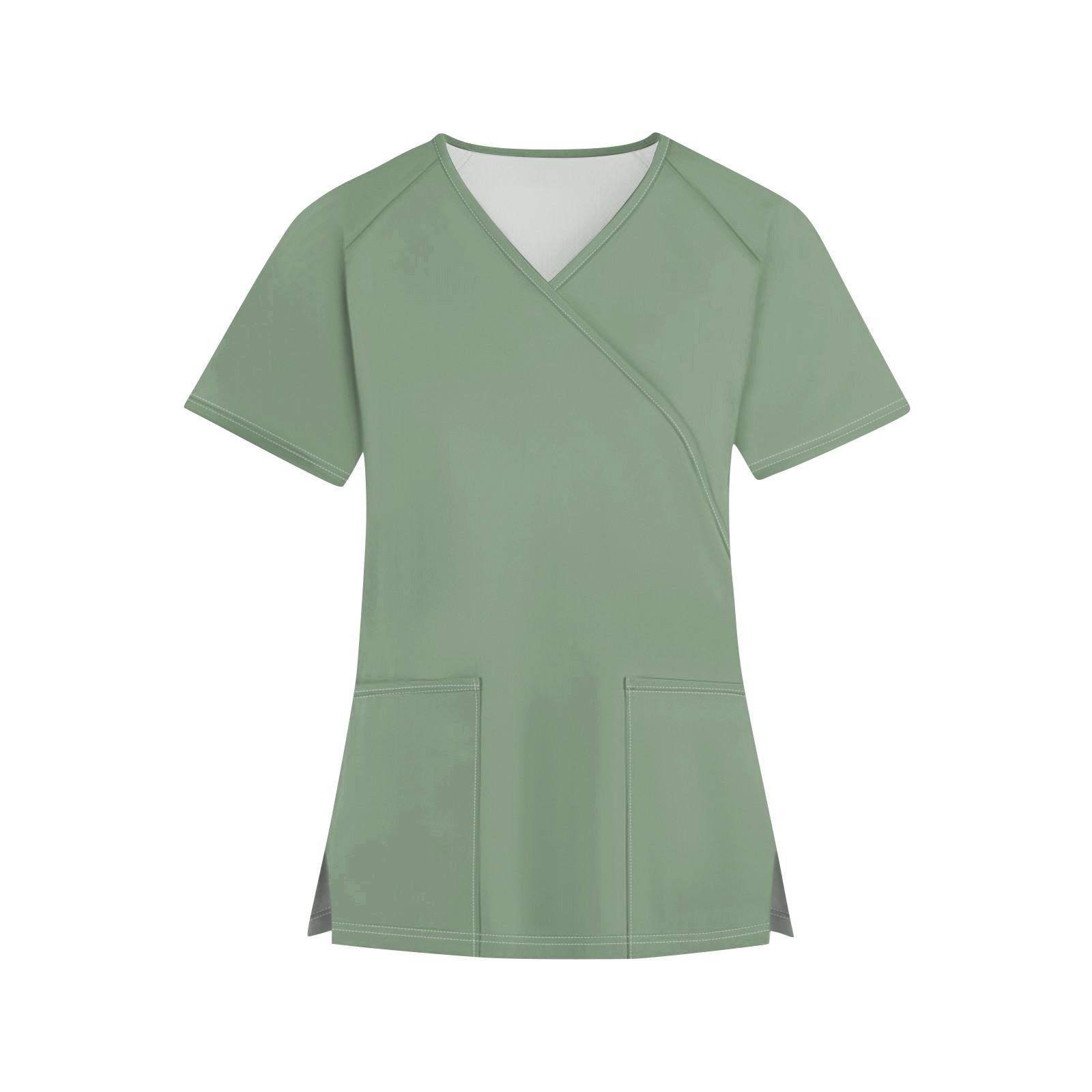 Женская мода однотонная рабочая одежда с v-образным вырезом и короткими рукавами с карманами, топы XL