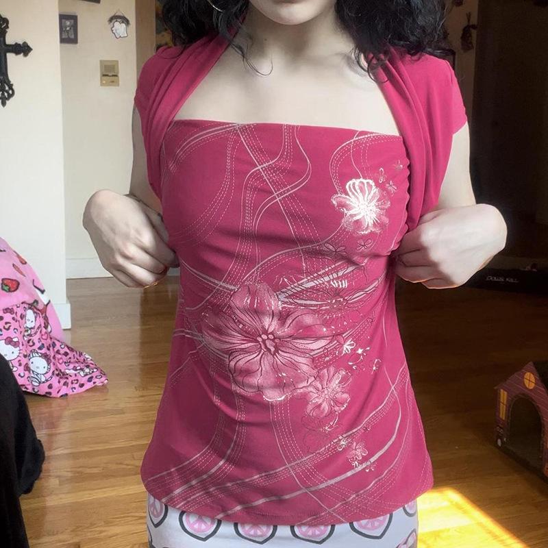 Поддельные футболки с коротким рукавом, новый персонализированный топ с квадратным вырезом и цветочным принтом. S 
Поддельные футболки с коротким рукавом, новый персонализированный топ с квадратным вырезом и цветочным принтом. S