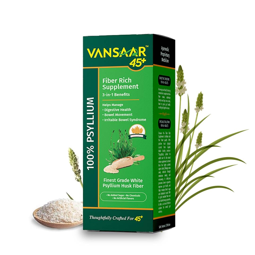 Vansaar 45+ Isabgol Fiber Supplement For Adults Over 45 Supporting Digestive Health, Natural Psyllium Husk Powder For Regularity 90 g Pack
Vansaar 45+ Isabgol Fiber Supplement For Adults Over 45 Supporting Digestive Health, Natural Psyllium Husk Powder For Regularity 90 g Pack