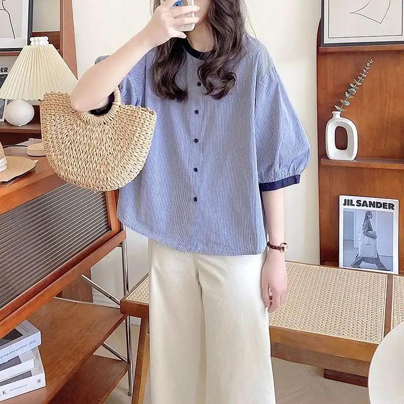Women s Summer Striped Shirt Korean Style Loose Crew Neck Puff Sleeve Color Block Mid-sleeve Top S синій
Women s Summer Striped Shirt Korean Style Loose Crew Neck Puff Sleeve Color Block Mid-sleeve Top S синій