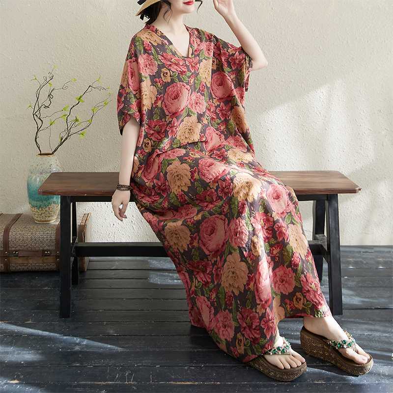 Летняя хлопково-льняная принтованная свободная и простая длинная юбка для женщин One size розовый